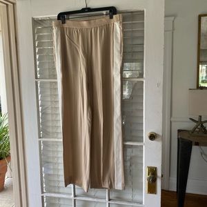 Theory Tan w/Cream Stripe 100% silk wide leg pants w/ front pockets sz10. EUC.